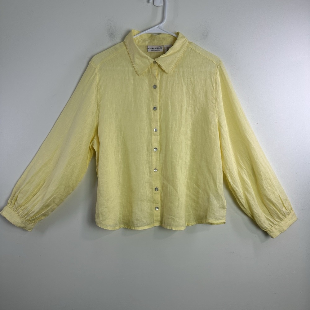 Laura Ashley L Shirt Butter Yellow Linen Button Up Long Sleeve Coastal Preppy - Picture 4 of 9